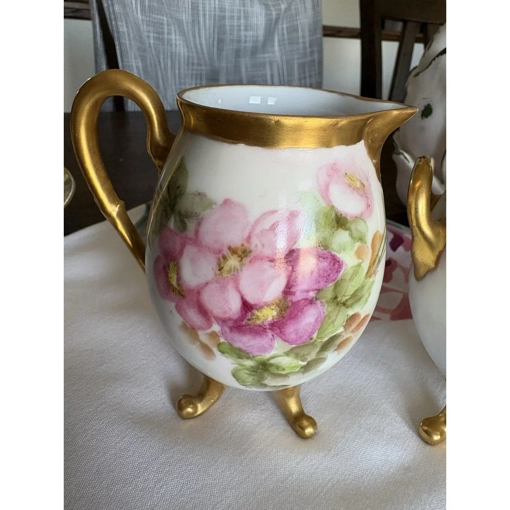 VTG Signed UNO Favorite Bavaria Hand Painted Sugar Creamer Rose Floral Gold Trim